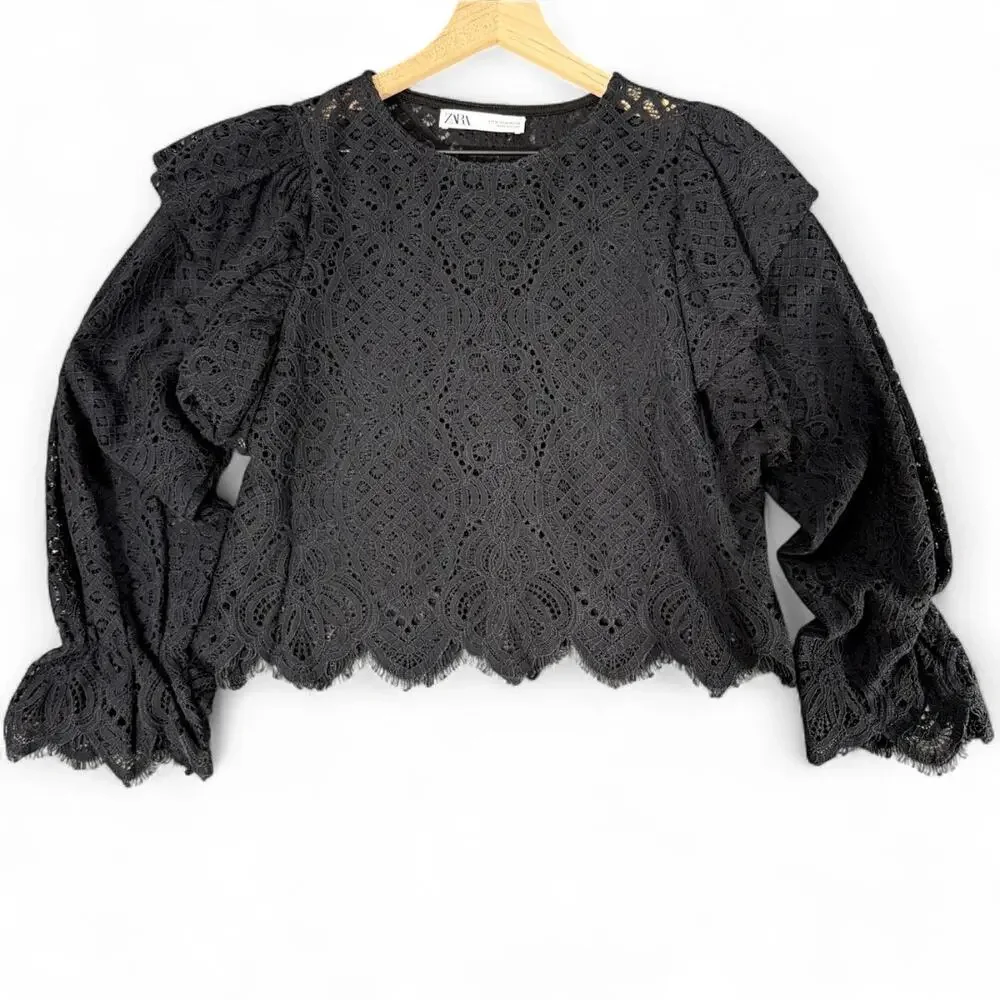 Zara Black Lace Ruffle Flounce Sleeve Blouse M‎ Romantic Whimsigoth Witchy Sheer